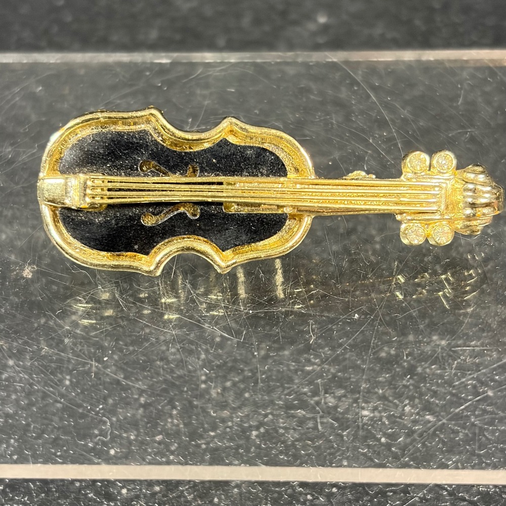 Vintage Violin Brooch Gold Tone Rhinestone Musical Instrument Pin 2 Inch